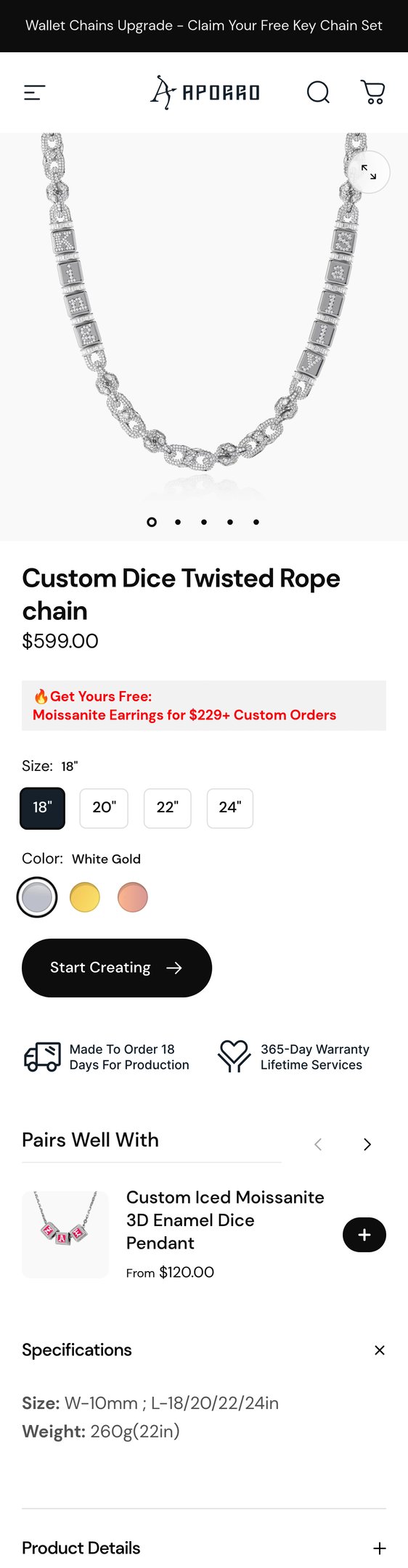 Jewelry product options include: necklace, chain for Custom Dice Twisted Rope chain from APORRO.