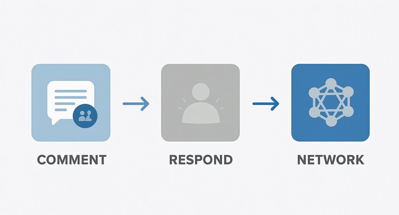 Infographic showing a process flow for LinkedIn engagement with icons for Comment, Respond, and Network.