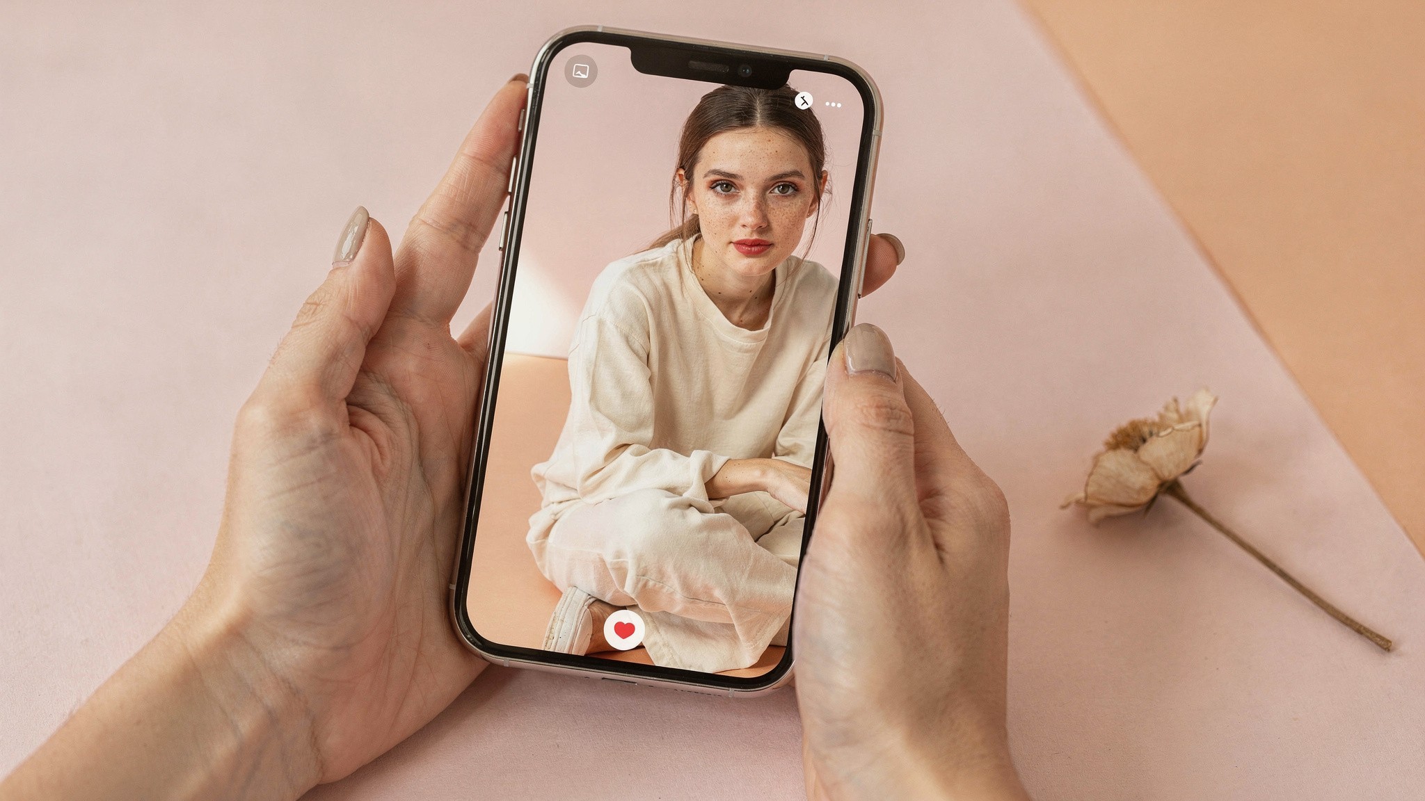 Editorial: hands holding a phone displaying a polished AI-generated portrait of a young woman in a casual outfit on a soft pink background