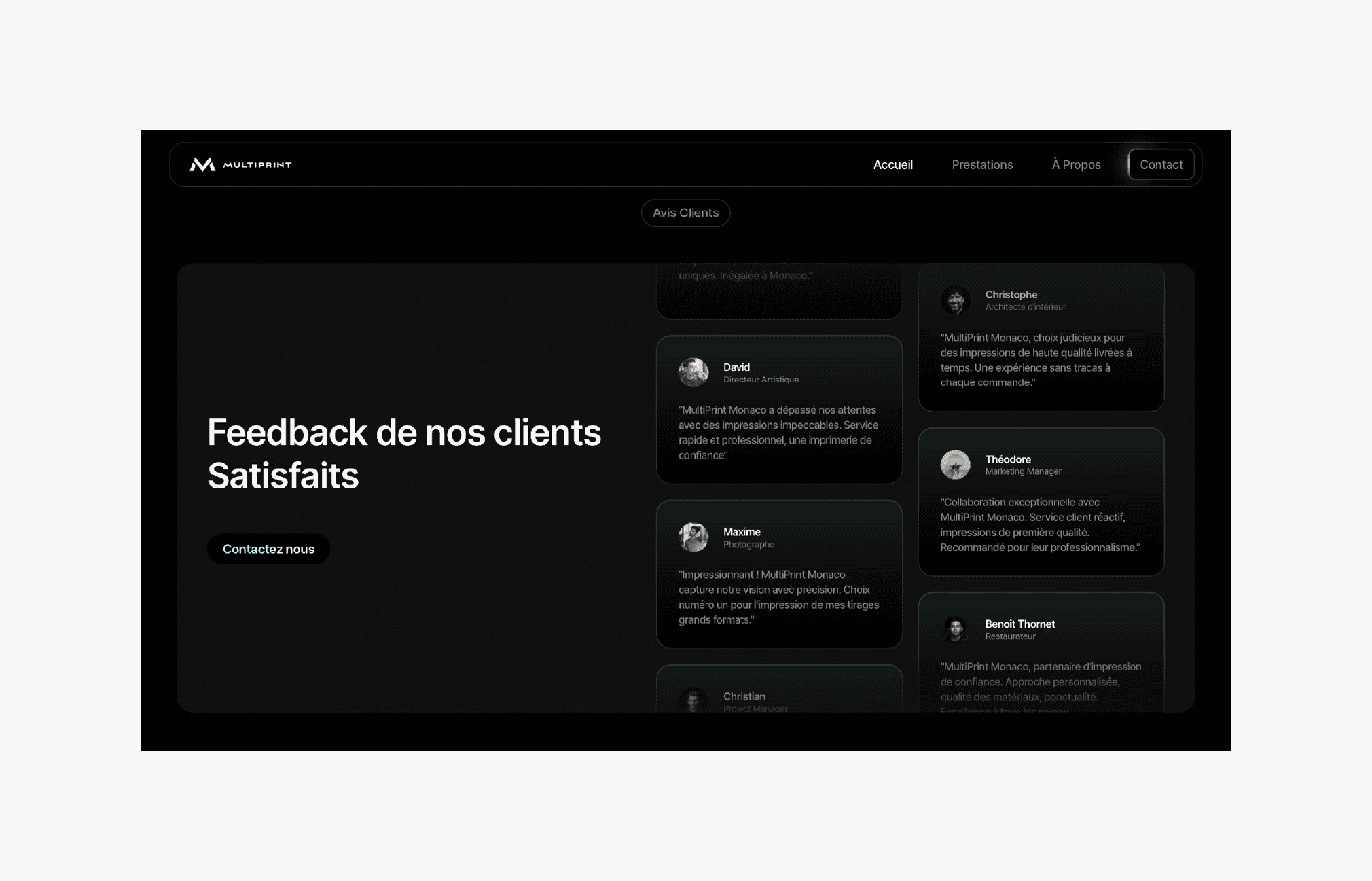 Fond noir avec des témoignages de clients en gris foncé, chaque témoignage accompagné d'une petite photo de profil ronde.