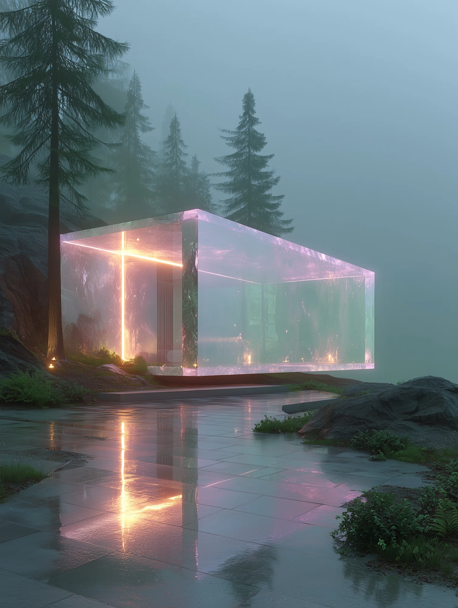 A glass pavilion lit from inside, in a misty pine forest