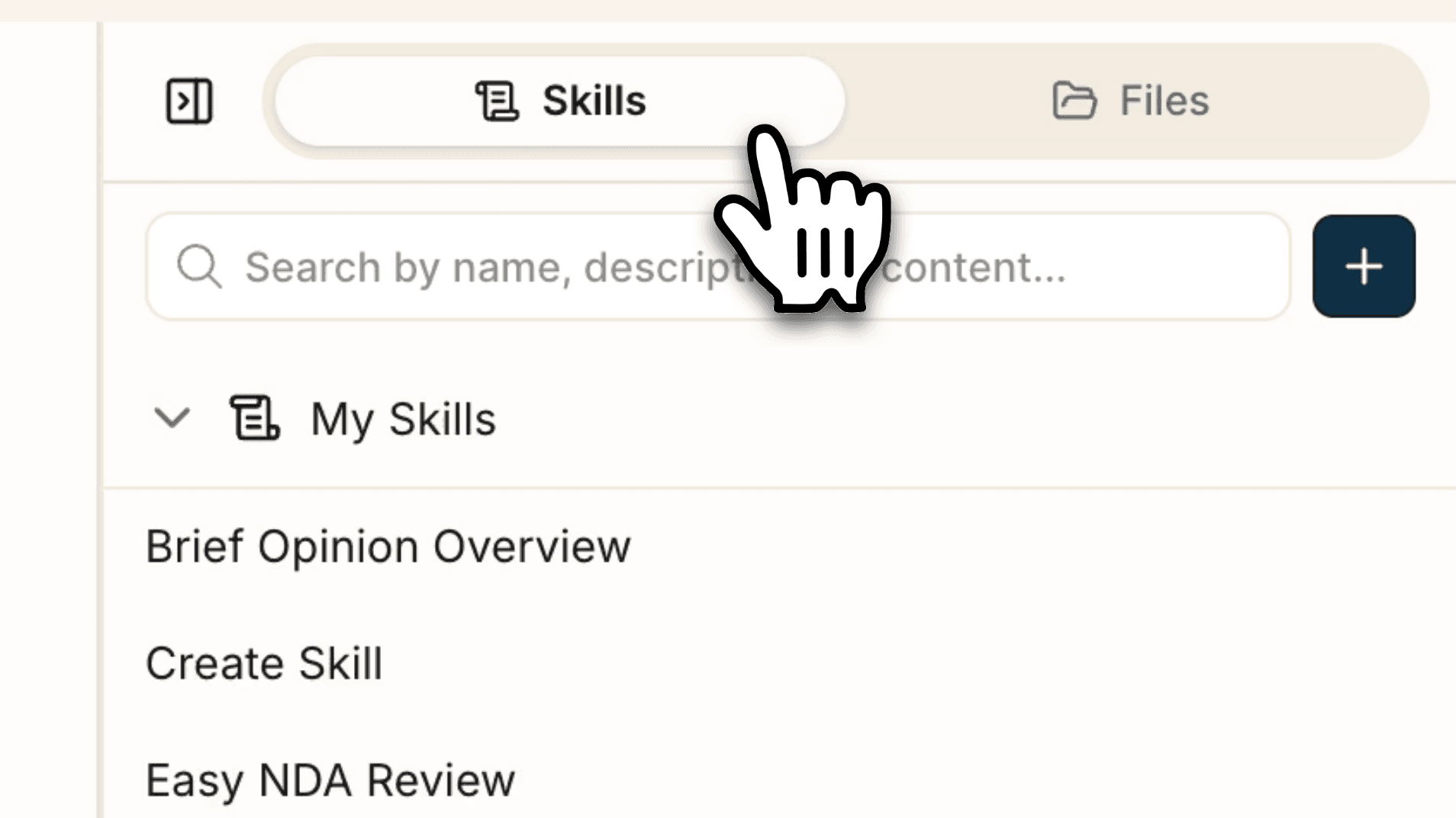 Sidebar menu open showing Skills, My Skills, and Files