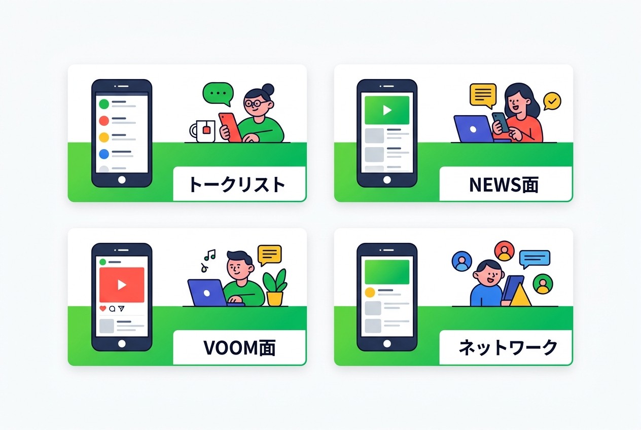 LINE広告の主要4配信面とそれぞれの特徴。トークリストは最もリーチが広く、VOOM面は正方形サイズでSNS的な使われ方をする。配信面選択で獲得効率が30%以上変わることも珍しくない。
