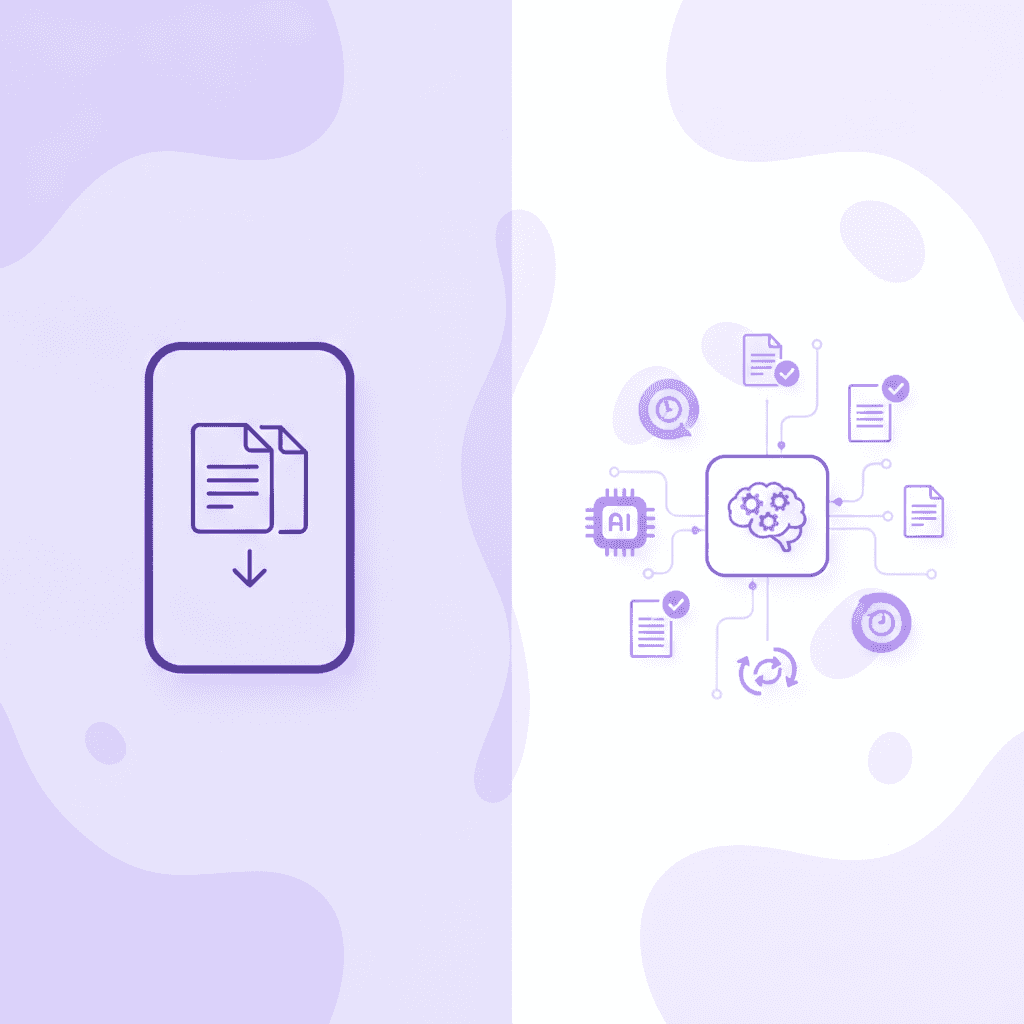 Split screen comparing a static digital flashcard to Penseum's dynamic visual workspace