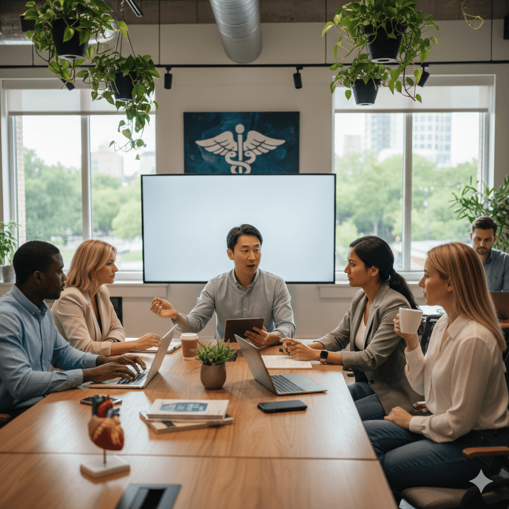A diverse group of professionals engaged in a meeting around a large wooden table, with laptops and documents, in a modern office adorned with plants and a medical symbol on a screen, symbolizing AI health public-private partnerships.