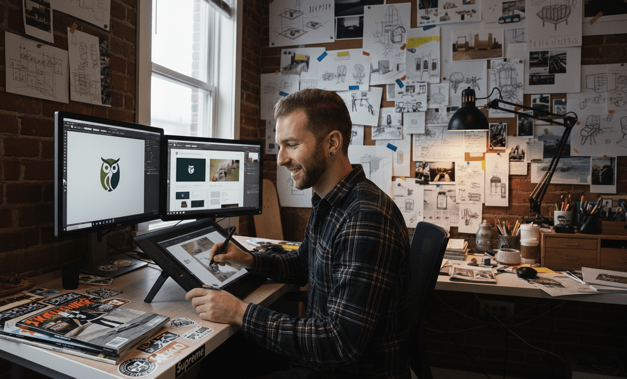 Graphic Designer, Tom Wright, working in the studio