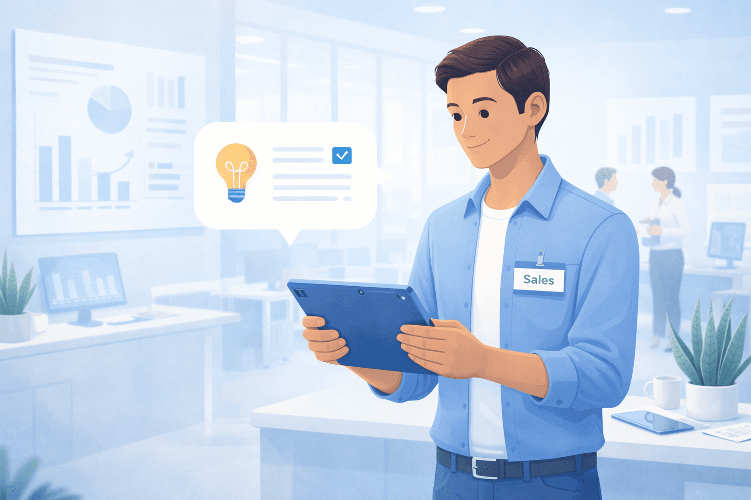 A sales professional stands in a modern office holding a tablet, reviewing sales data while a simple lightbulb-and-checklist bubble suggests AI-powered, just-in-time learning support.