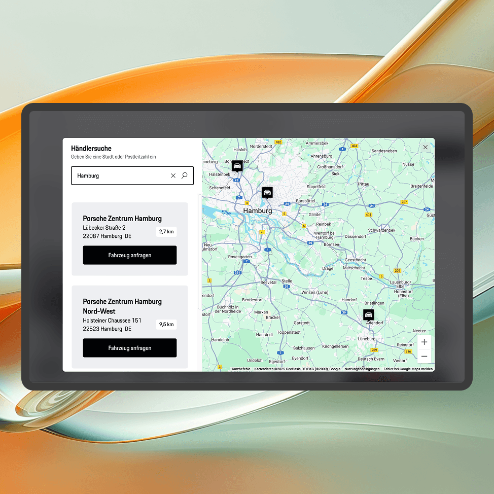 A digital interface displaying a map of Hamburg with icons marking the locations of two Porsche Centers, alongside options to request a route to each dealership.