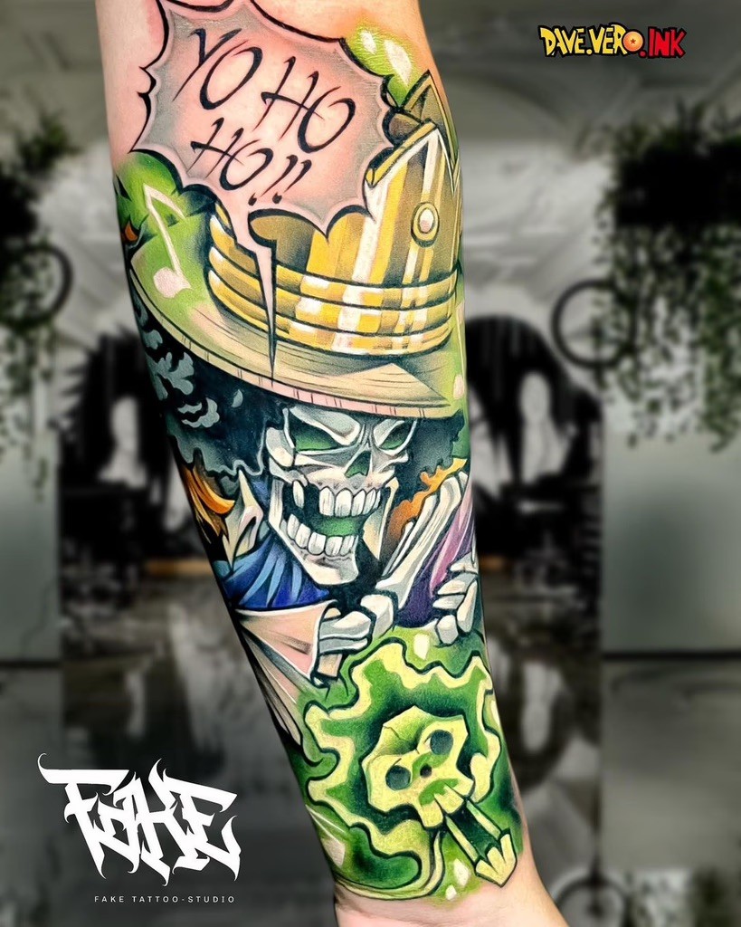 Colored tattoo of Soul King Brook from One Piece, featuring his signature top hat and cane, created by artist Dave Vero