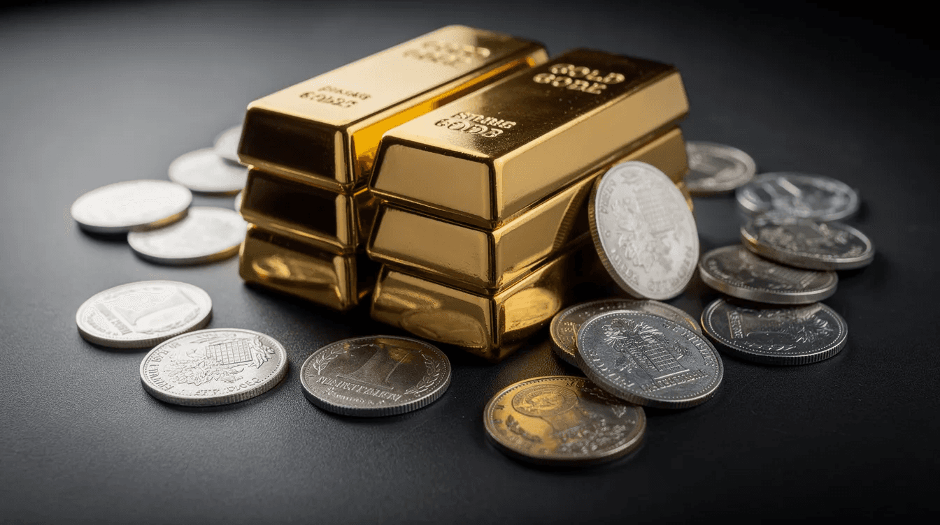 The image features neatly stacked gold bars alongside shimmering silver coins, all arranged on a dark surface, highlighting these precious metals as tangible assets. This visual representation underscores the value of gold and silver in investment portfolios, especially in times of economic uncertainty and inflation.