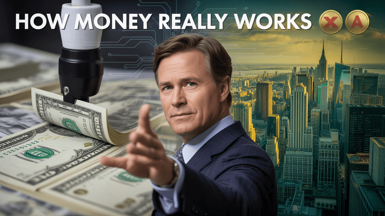 Finance host between money-printing press and skyline with How Money Really Works headline