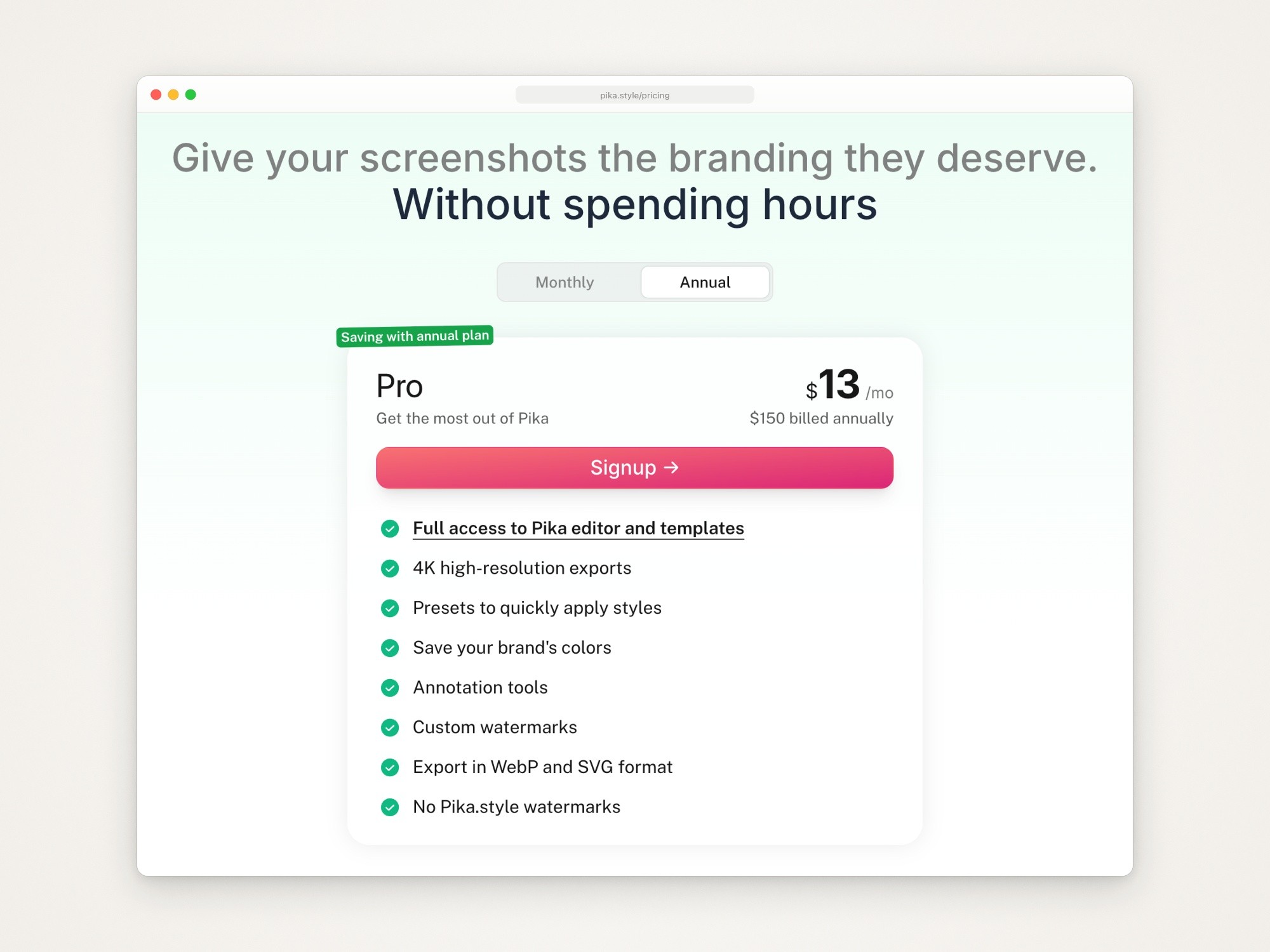 Pika’s pricing page with the Annual tab selected: the Pro plan at $13 a month, billed $150 a year, with 4K exports, presets, brand colors, annotation tools, custom watermarks, WebP and SVG export and no Pika.style watermarks