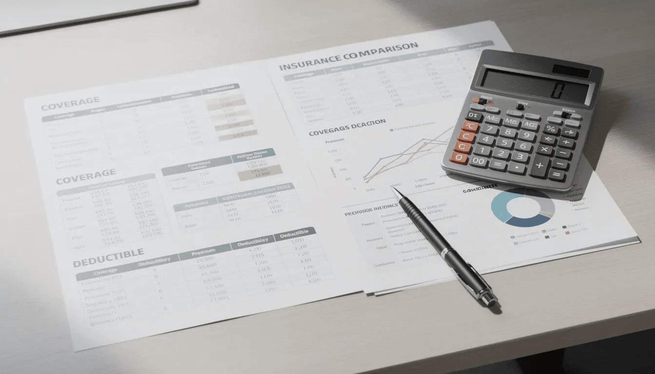 The image depicts a collection of insurance comparison documents laid out on a desk alongside a calculator and a pen, illustrating the process of evaluating long term care insurance policies and their various benefits, such as daily benefit limits and elimination periods. This setup highlights the importance of financial planning for long term care costs and the different options available from insurance companies.