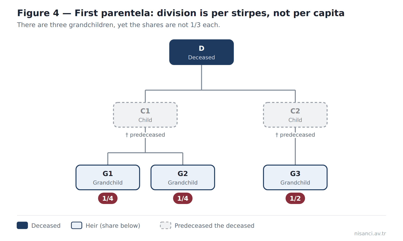 Figure 4 — First parentela: division is per stirpes, not per capita