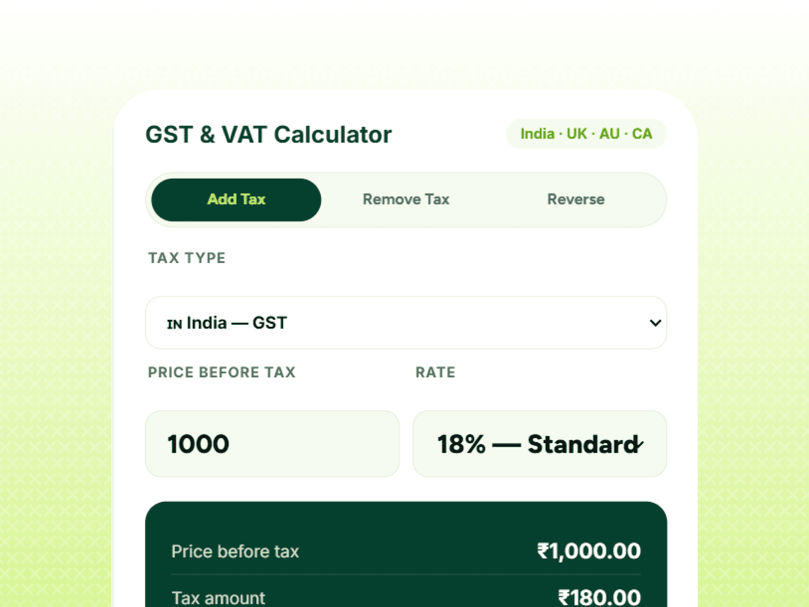 Finqube GST and VAT calculator dashboard GST calculator showing tax-inclusive price VAT calculator for business invoices Reverse GST calculation example Online tax calculator for freelancers Business tax calculation interface GST percentage calculator results Finqube tax calculator mobile view