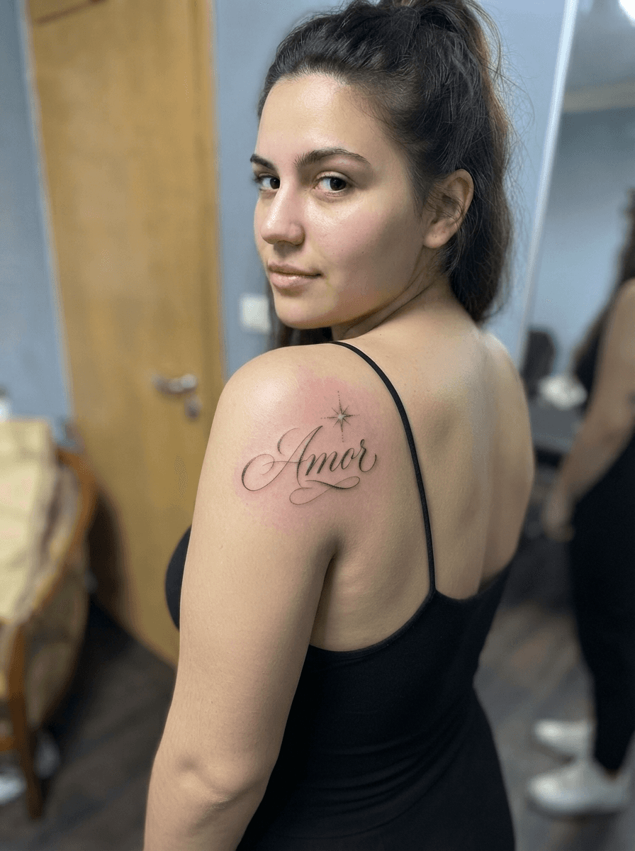 Schrift Amor als Feines Fineline Tattoo mit minimalistischen Linien, gestochen im Tattoo Studio Kempen
