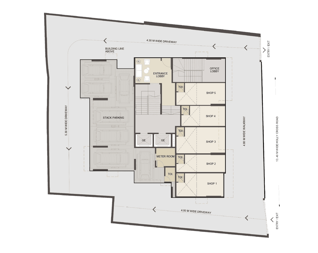 Ground floor layout plan with entrance lobby, parking areas, and landscape zones