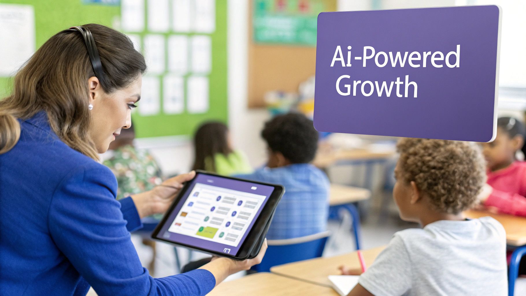 An image showing a teacher using AI tools on a tablet, with data visualizations and personalized learning paths displayed on the screen.