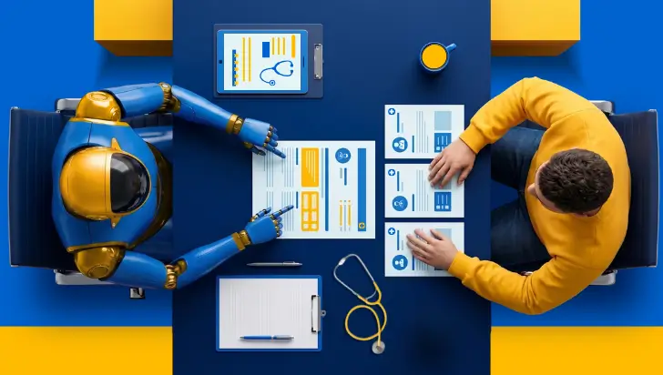 Top-down view of an AI robot and human man reviewing medical records at a desk.
