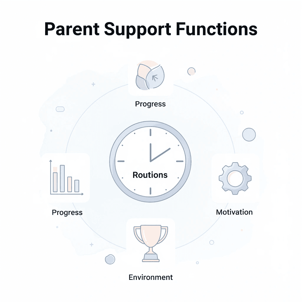 Hub diagram showing parent as central coordinator of support functions