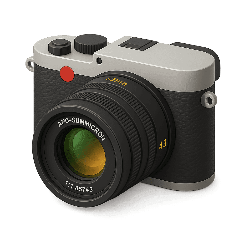 A sleek, modern black and silver camera with a large APO-Summicron lens, highlighted with a small red circle button, rests against a dark background.