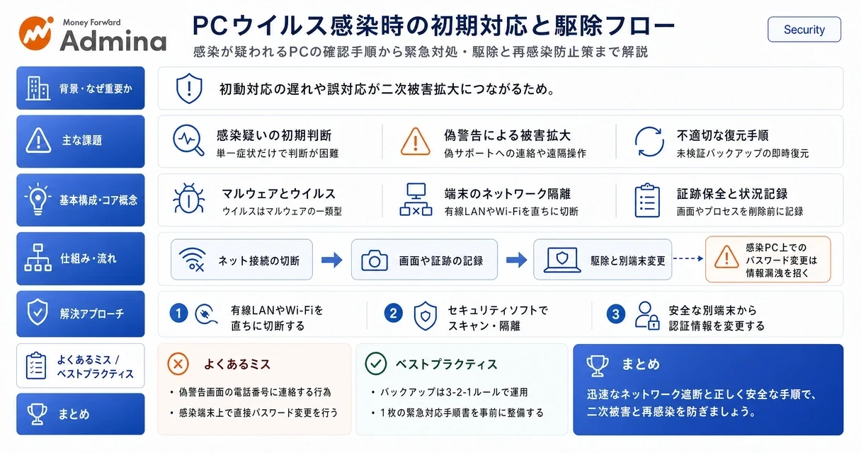 PCがウイルスに感染した際に行うネットワーク切断やスキャン手順、偽警告への対処法、駆除後の復旧作業の流れを解説したインフォグラフィック。