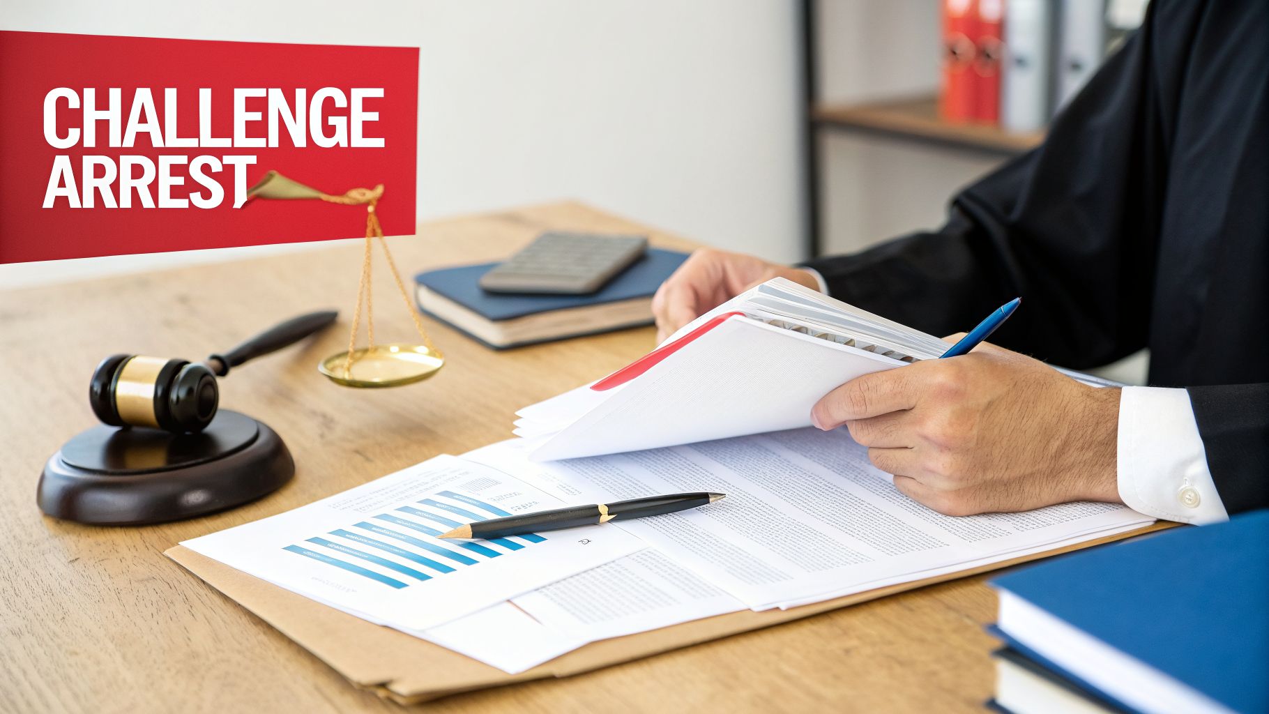 A lawyer reviews legal documents on a desk with a gavel, scales of justice, and a 'CHALLENGE ARREST' sign.