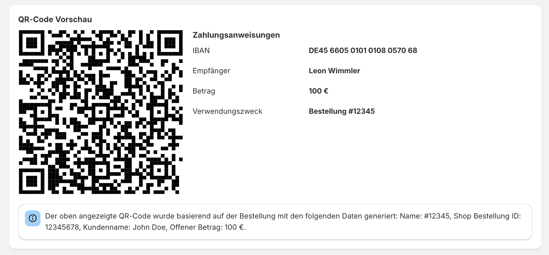 QR-Code Vorschau für Bestellstatus und Danke-Seite