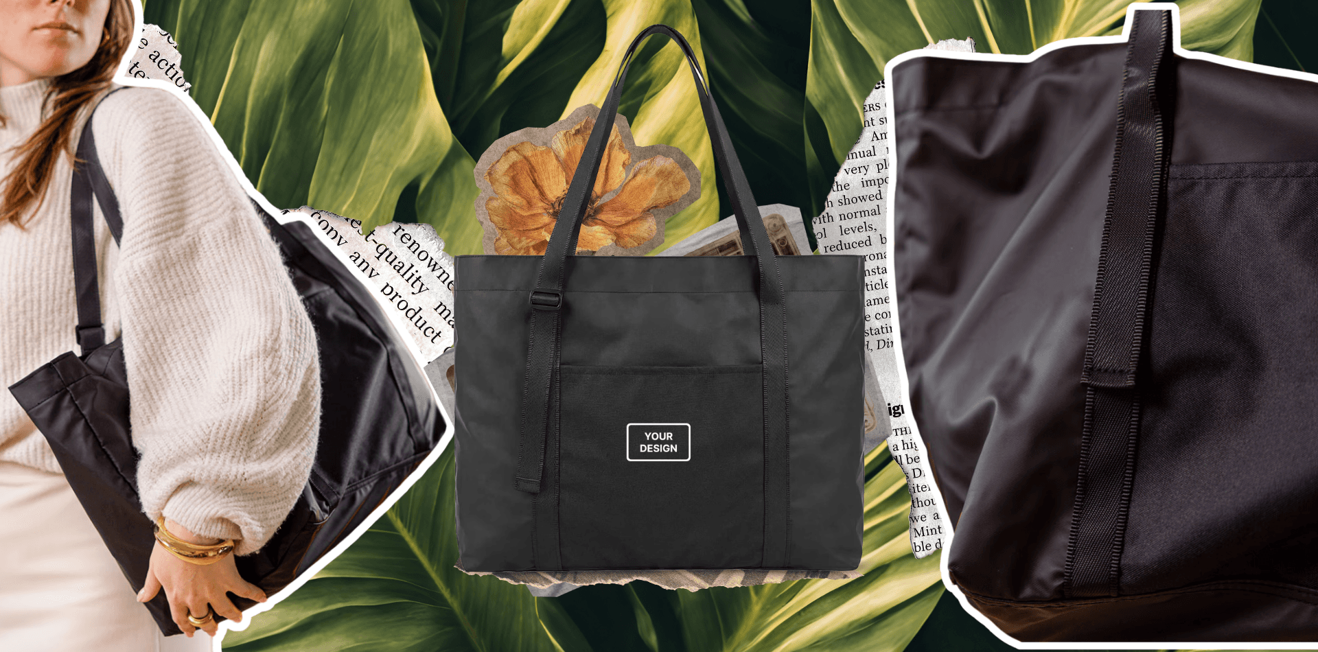 Black custom tote bag with reinforced webbing handles, shown in a lifestyle collage with close-up construction details.