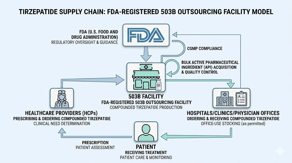 Tirzepatide supply chain diagram from 503B compounding pharmacy to patient