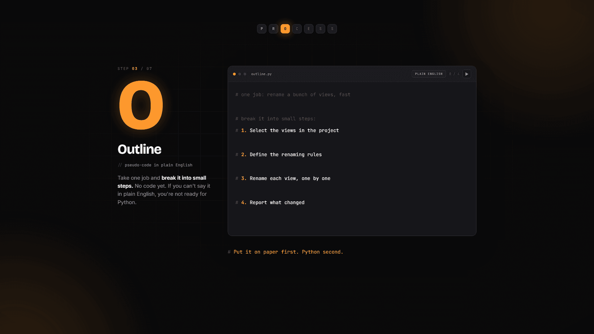 Step 3 Outline: pseudo-code in plain English - 4 numbered steps before any Python