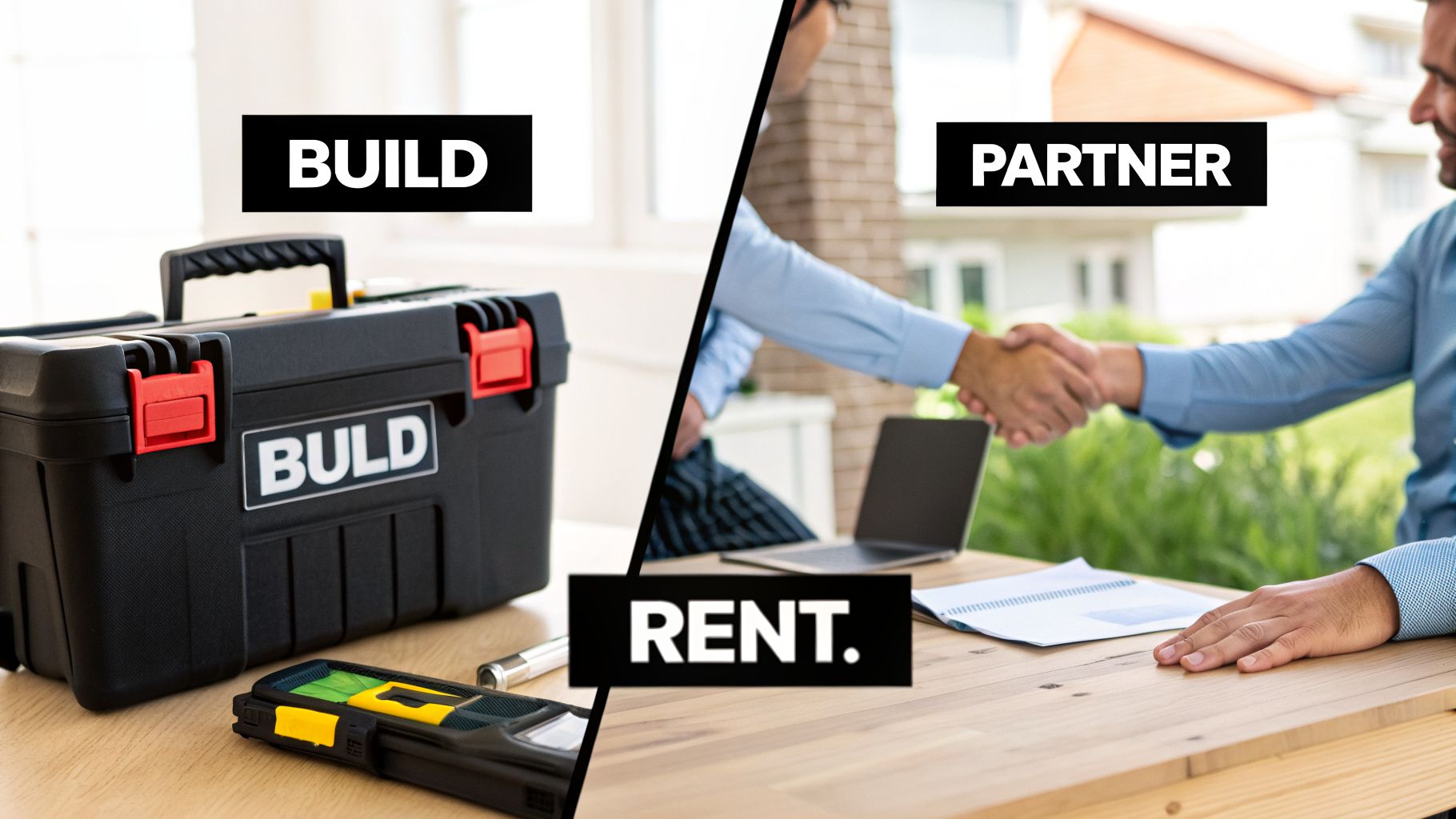 Two halves showing a choice: a toolbox for 'Build', and a handshake for 'Partner/Rent' on a wooden table.