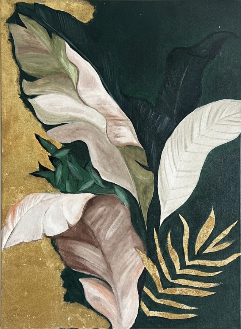 Surreal painting of a woman’s face with blue-green bird wings and a parrot in the foreground.
