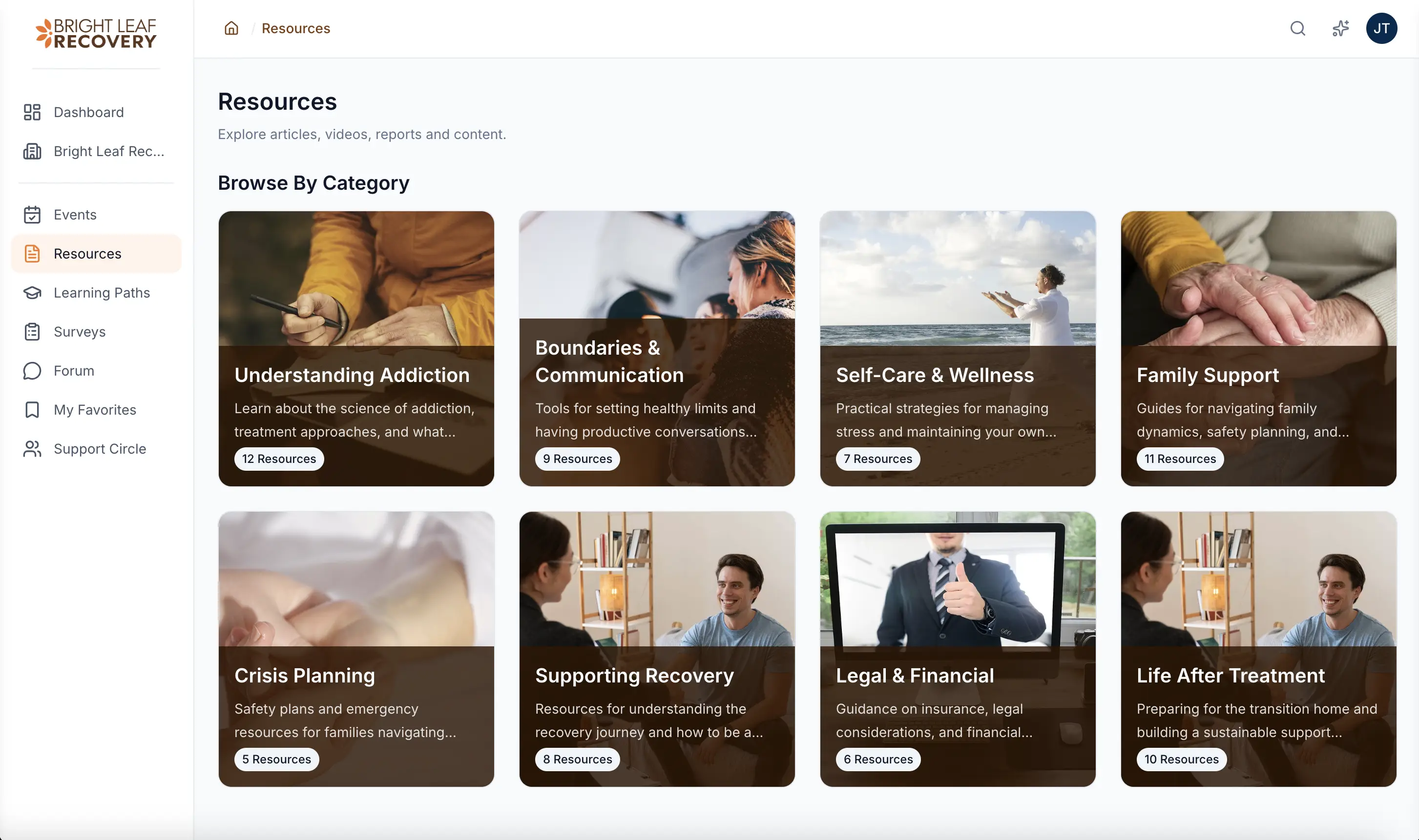 A webpage titled "Resources" with category cards: Addiction,  Boundaries,  Self-Care,  Family,  Crisis