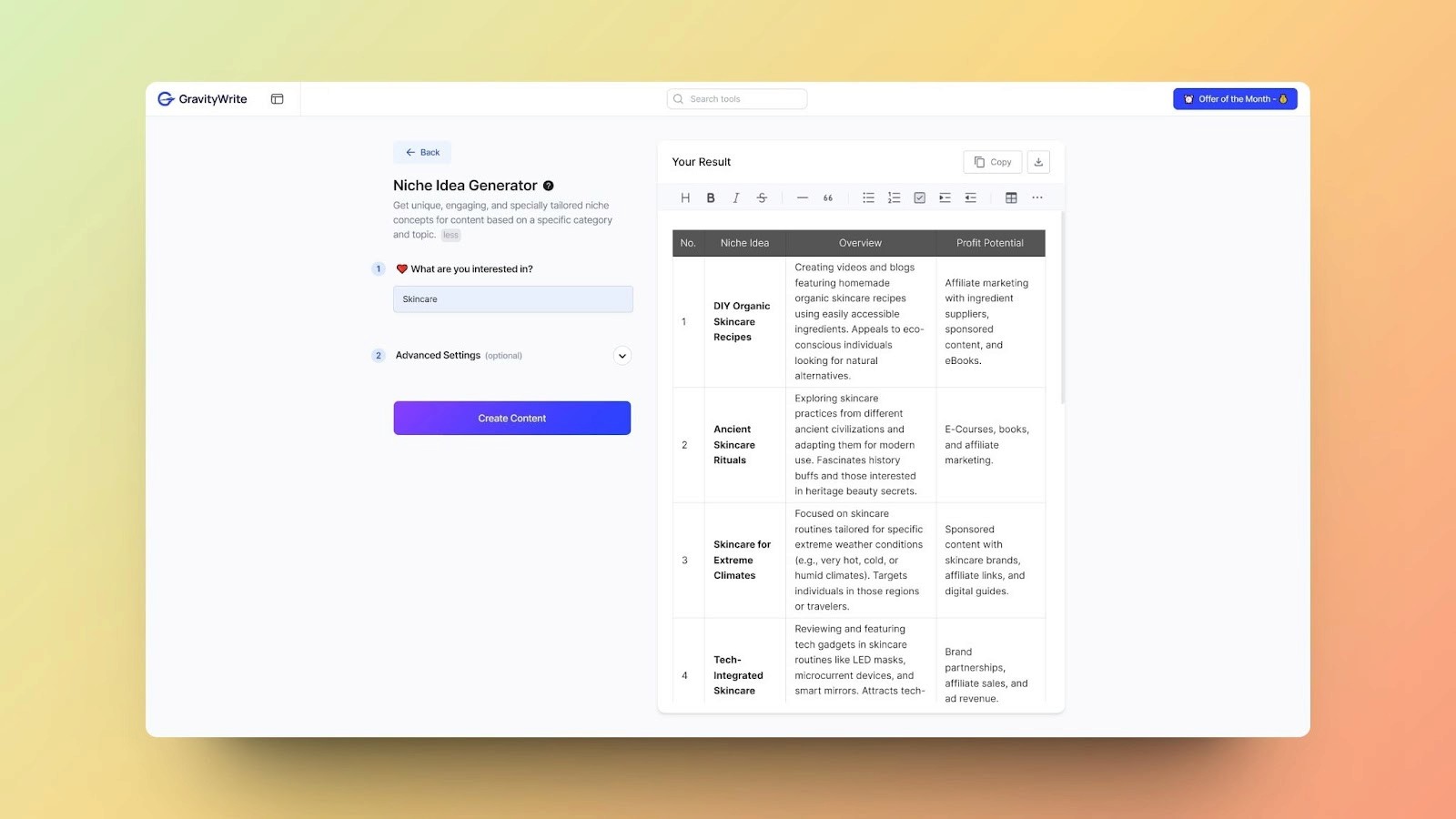 An image of GravityWrite's Niche Idea Generator tool displaying results for skincare topics with detailed niche ideas and profit potential columns.