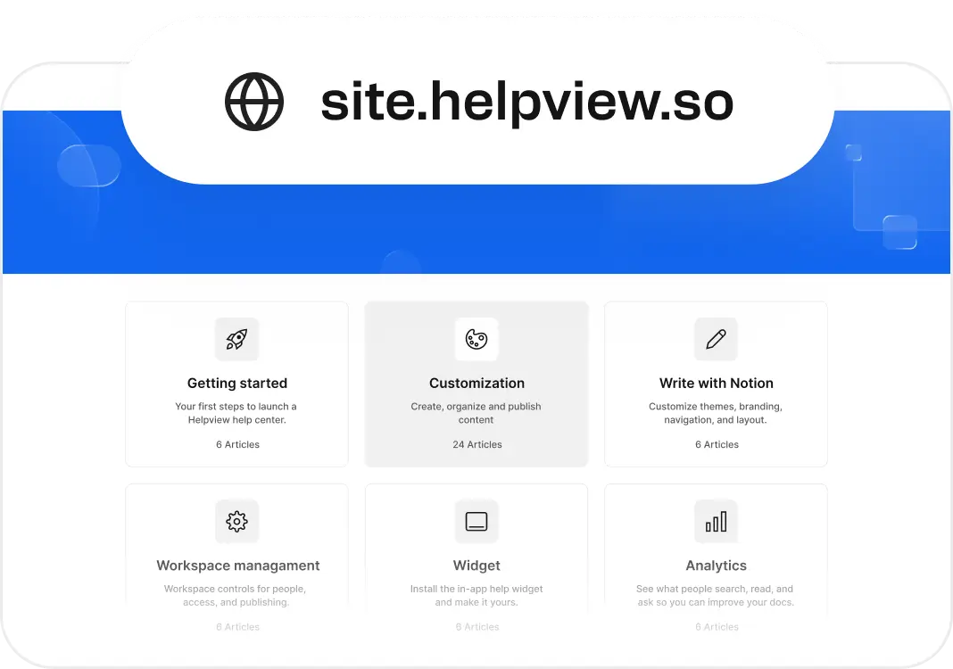 Published Helpview help center site with custom domain showing articles and knowledge base categories.