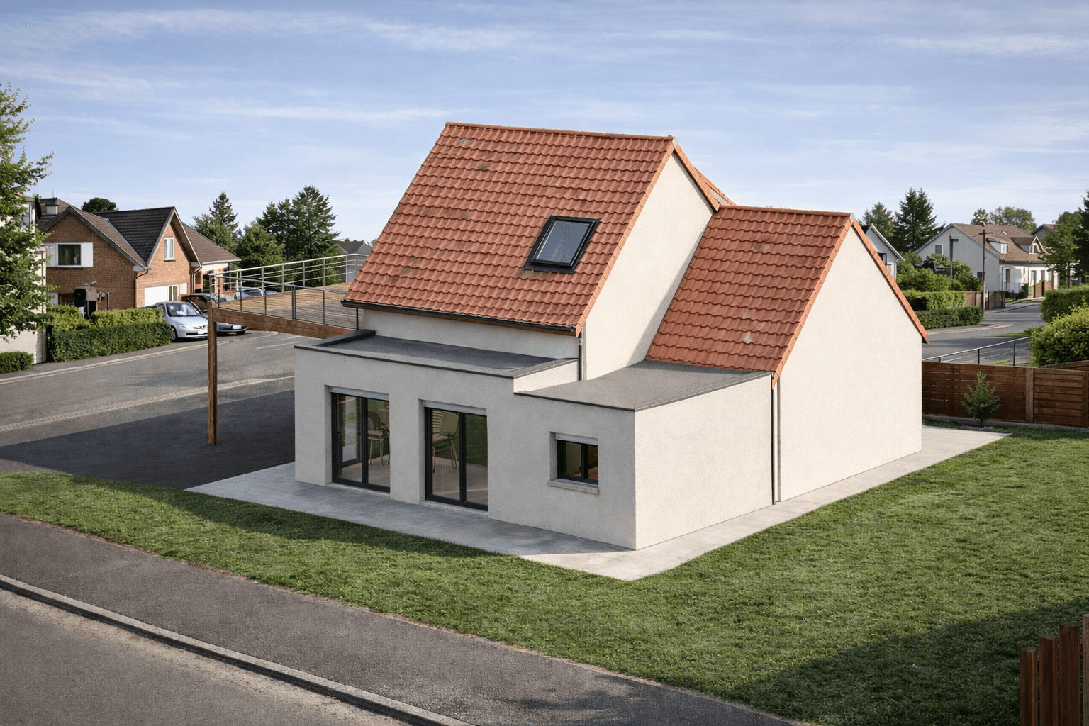 Maison familiale à double pignon et toiture tuiles