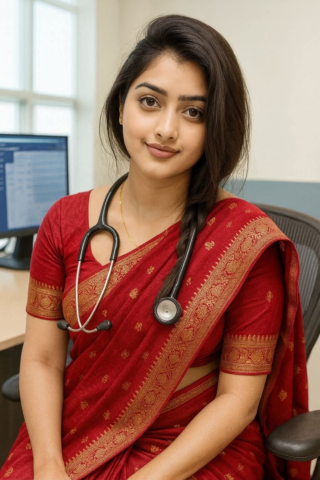 A woman in blue scrubs with glasses smiles.
