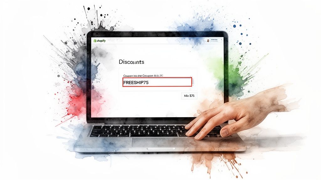 A hand types 'FREESHIP75' into a Shopify discount code field on a laptop screen.