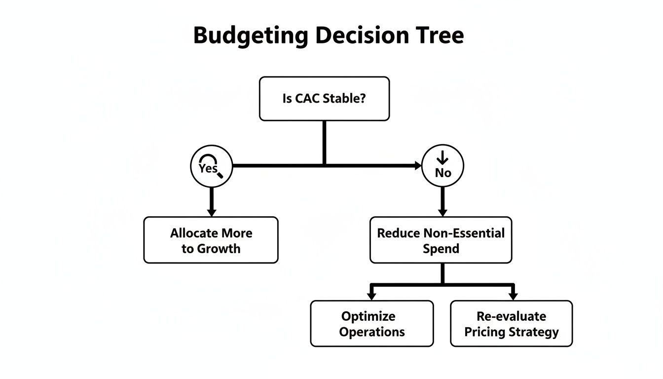 Decision tree outlining budgeting strategies based on Customer Acquisition Cost (CAC) stability.