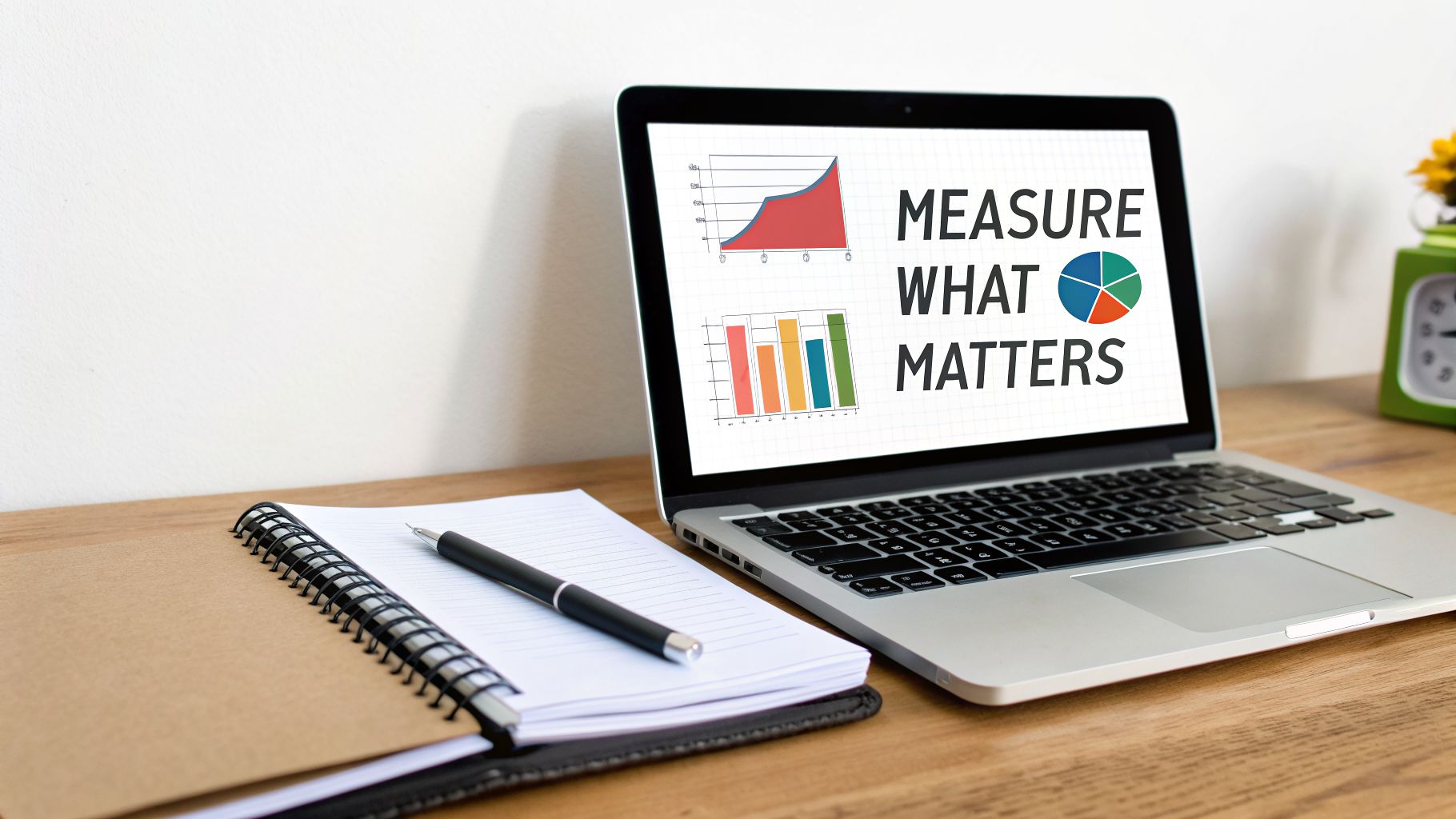 A laptop screen displays data charts and the text 'MEASURE WHAT MATTERS' on a wooden desk.