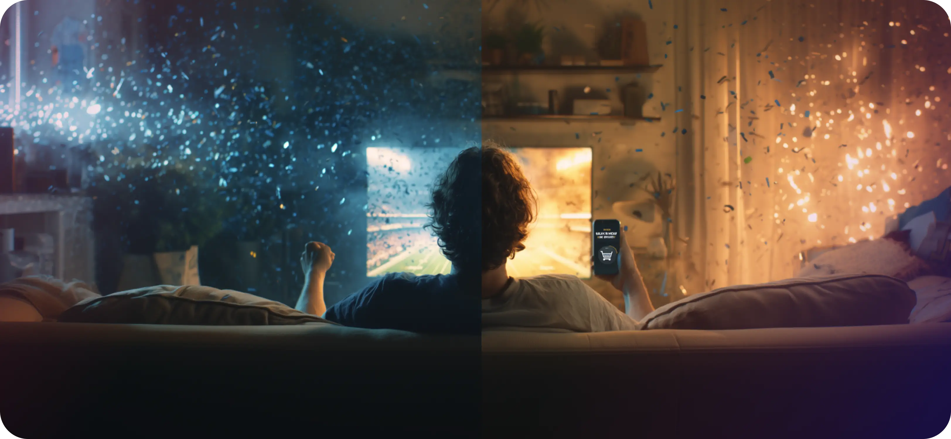 Horizontal split image: left side shows a person from behind cheering at a TV during a football game; right side shows the same person holding a smartphone displaying a shopping/cart interface, with confetti around; cool blue tones on the left and warm gold tones on the right.