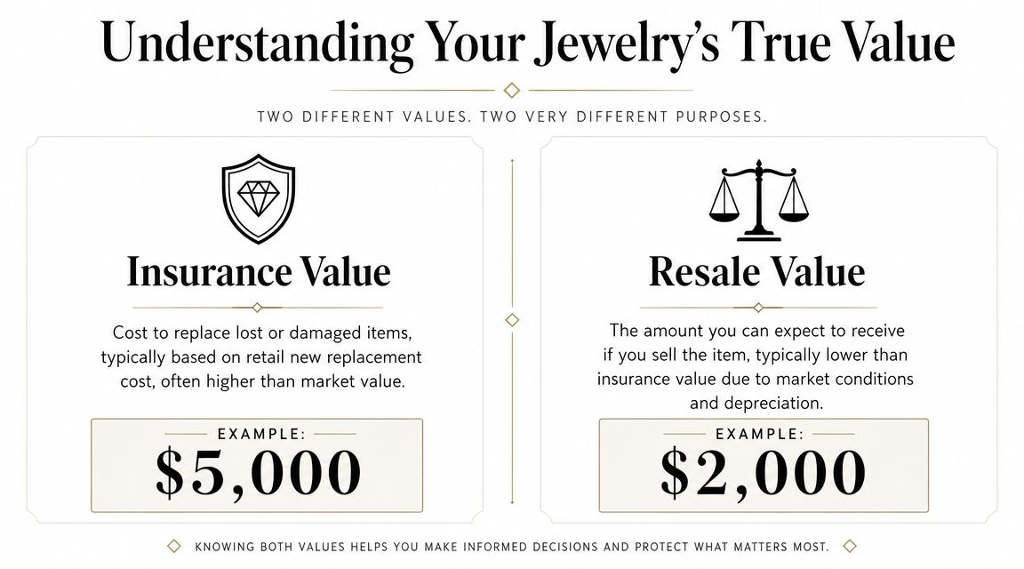An infographic comparing jewelry insurance value versus resale value with example dollar amounts for each category.