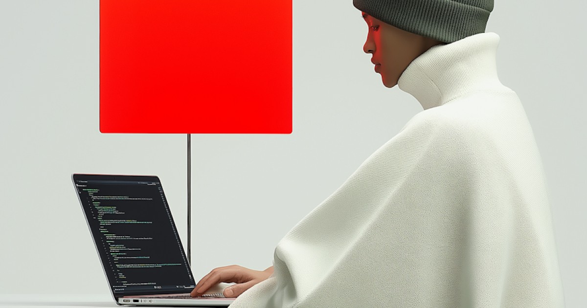 A smiling female developer works on a laptop in a modern high-rise office at sunset. Behind her, a large curved monitor displays a dark-mode portfolio website template featuring project cards, skills charts, a GitHub contribution graph, and navigation links.