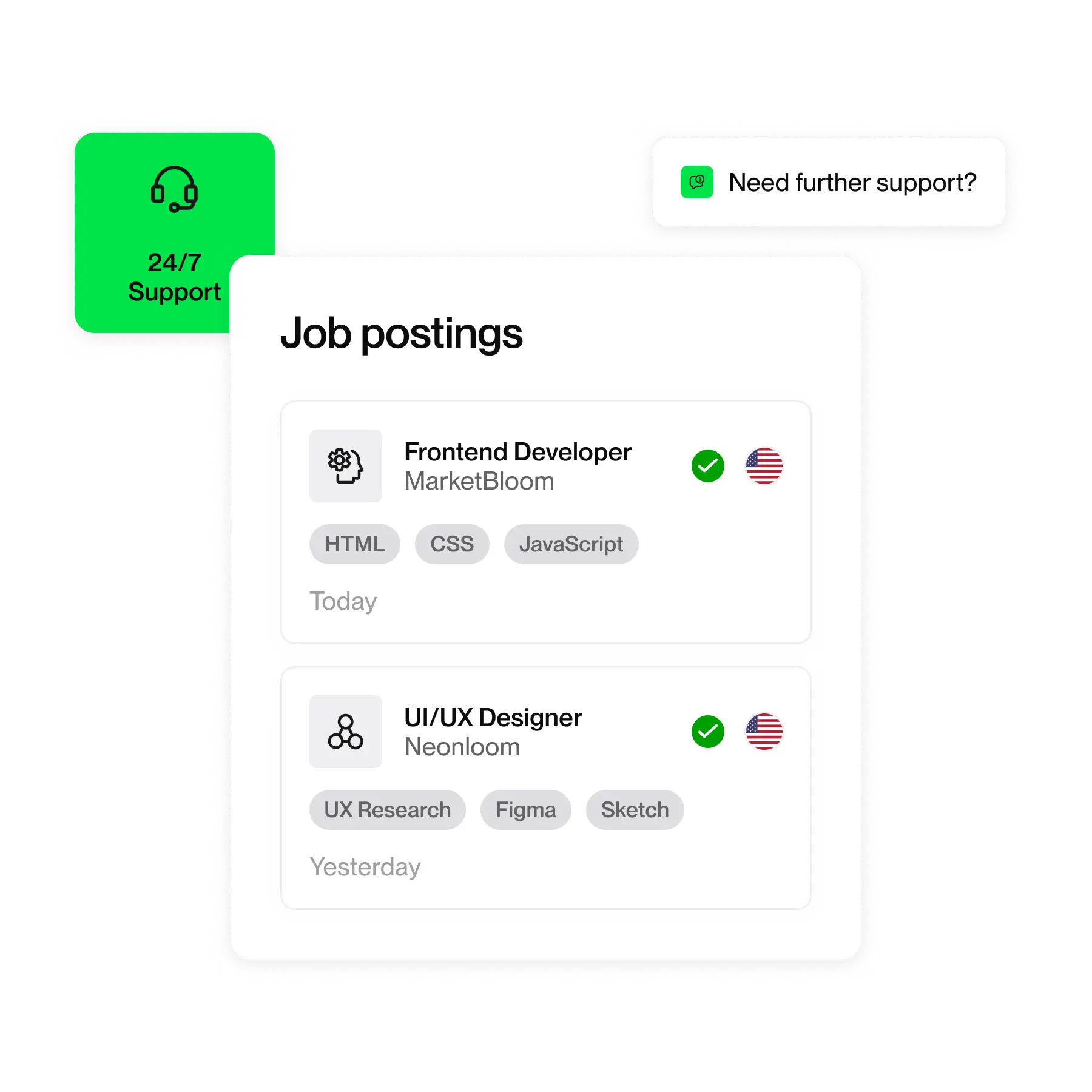 Job postings interface showing roles for Frontend Developer and UI/UX Designer with listed skills, U.S. flag icons, and a 24/7 support badge.
