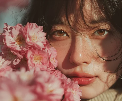 Portrait of a woman holding pink flowers