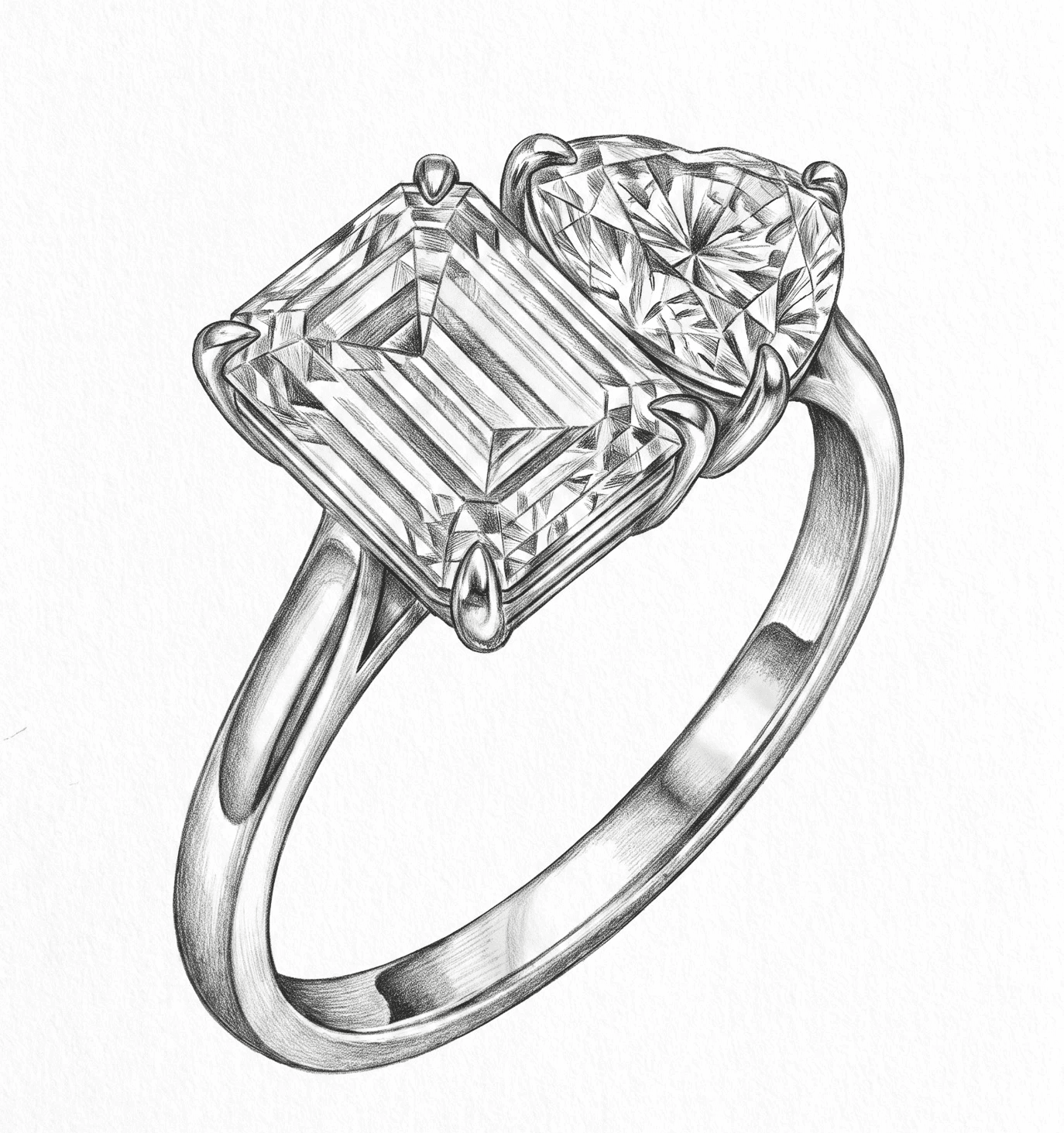 Detailed Pencil Sketch of a Toi-et-Moi Ring