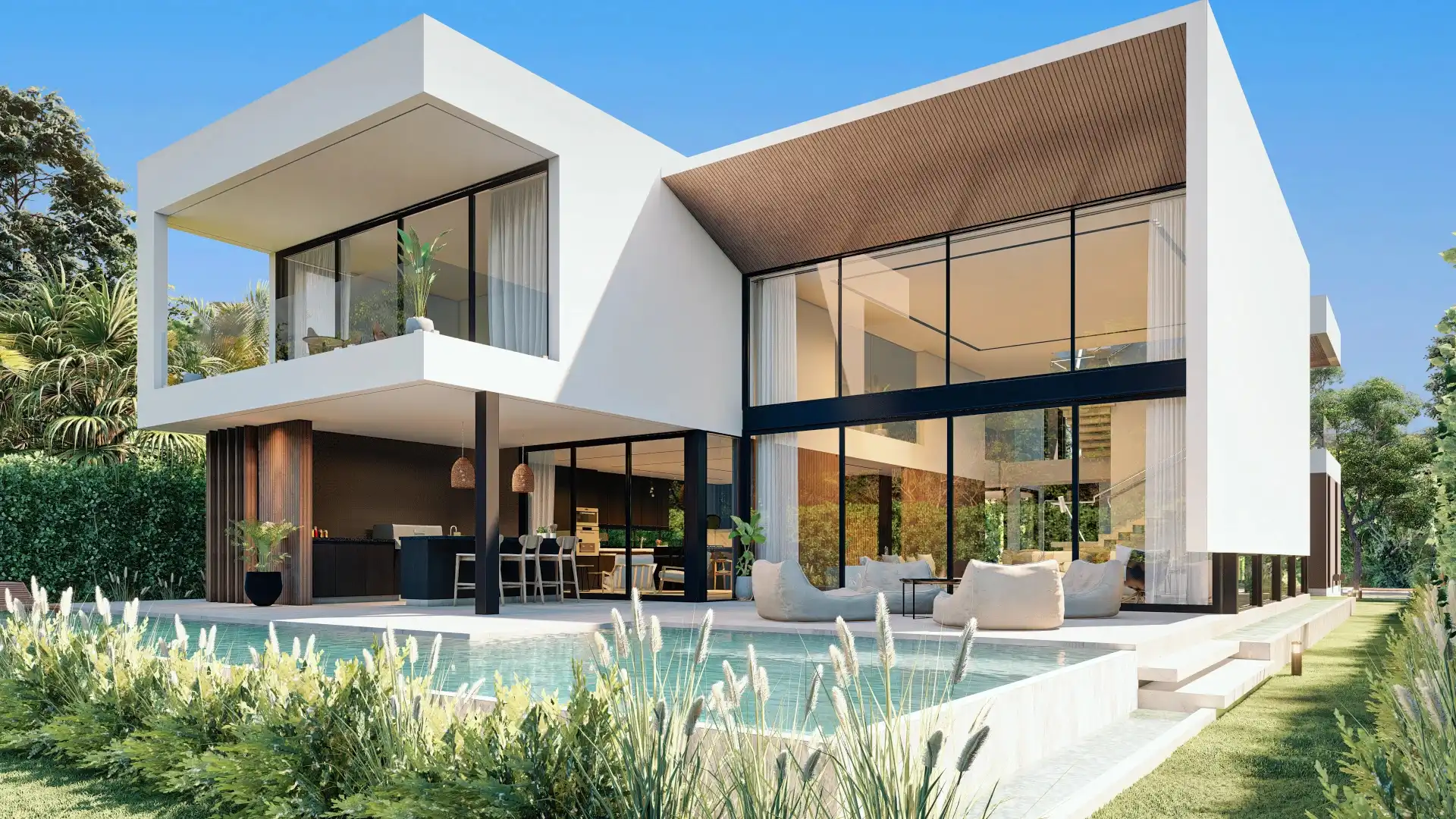 Rear view of modern two-story home with pool, outdoor lounge, and floor-to-ceiling glazing, Miami