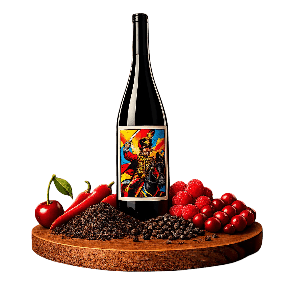 Artistic label and flavor profile for Hungarian Kadarka on a rustic wooden table.