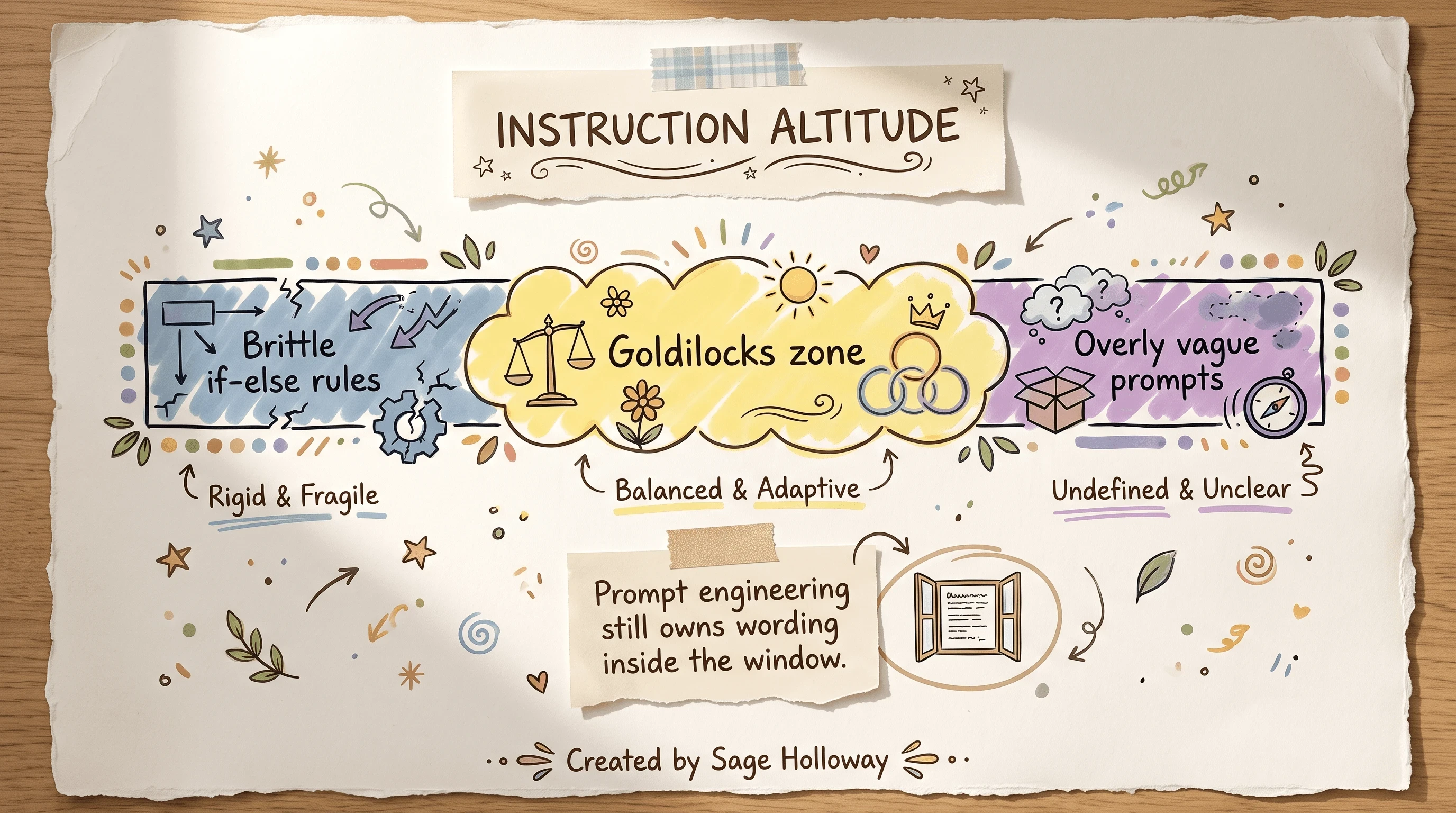 Scrapbook spectrum diagram of brittle, Goldilocks, and vague prompt instruction altitudes